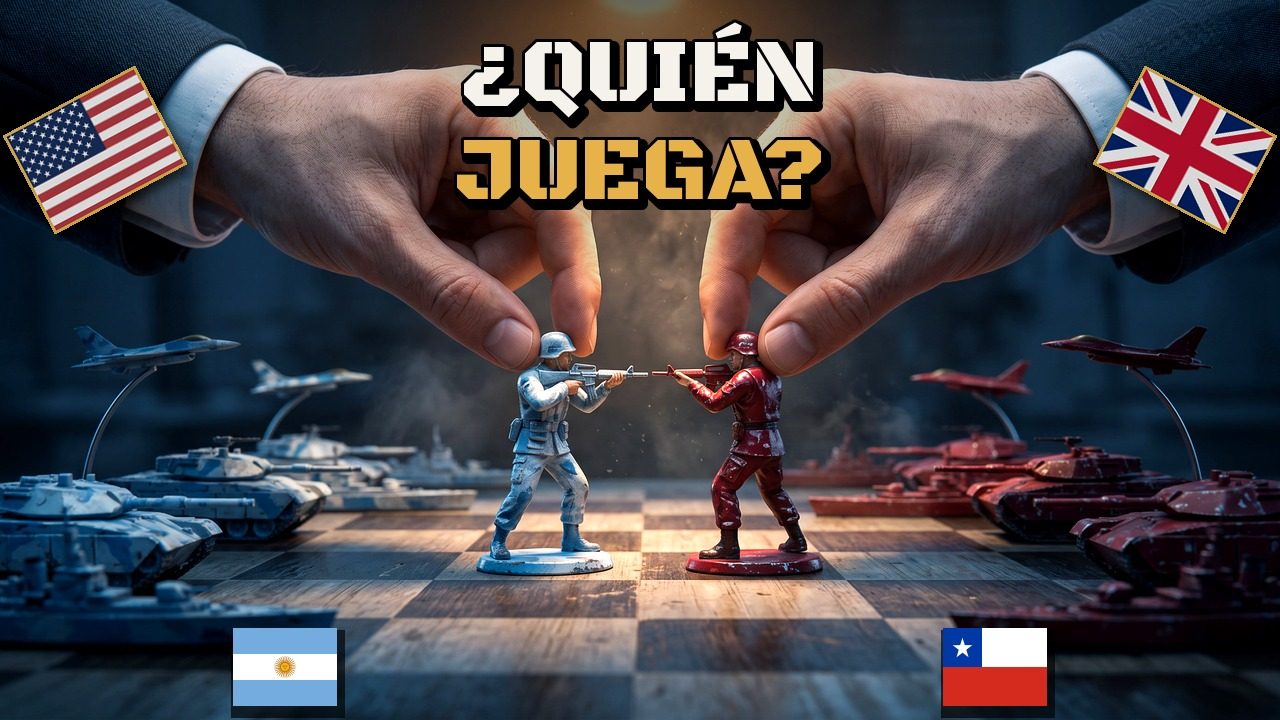 Dos manos enfrentadas sobre un tablero con soldados, tanques y aviones de juguete