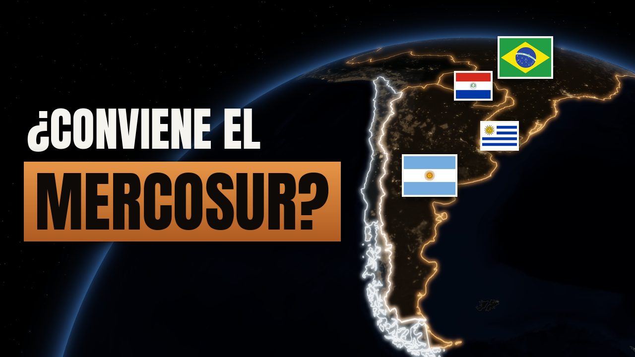 Sudamérica de noche con las banderas de Brasil, Argentina, Paraguay y Uruguay: ¿conviene el MERCOSUR?